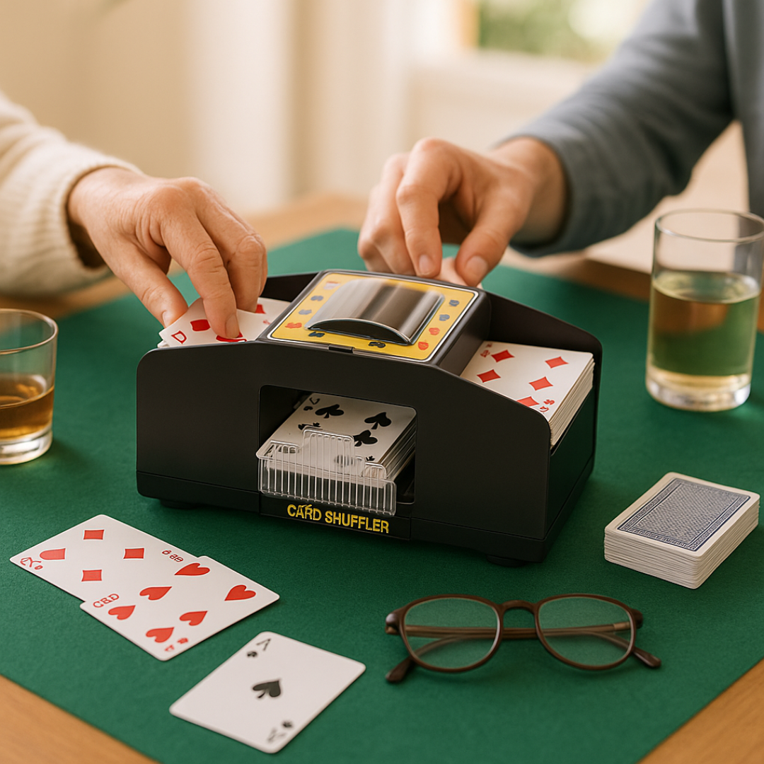 Kartenmischmaschine auf Spieltisch, angewendet von zwei spielenden Personen