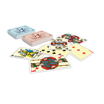 ASS Senioren Patience_Kartenstapel blau und rot sowie einige aufgedeckt Spielkarten zur Ansicht der Kartenbilder