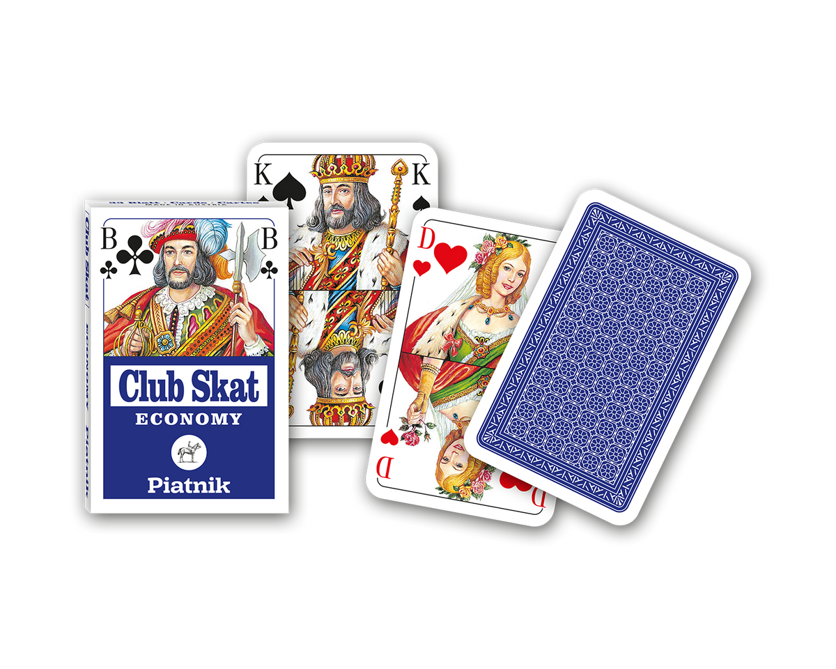Faltschachtel der Skat-Spielkarten mit französischem Bild sowie ein Kartenfächer mit der Vorderseite des des Pik-Königs, der Herz-Dame und der klassischen blau-weiß-gemusterten Rückseite.