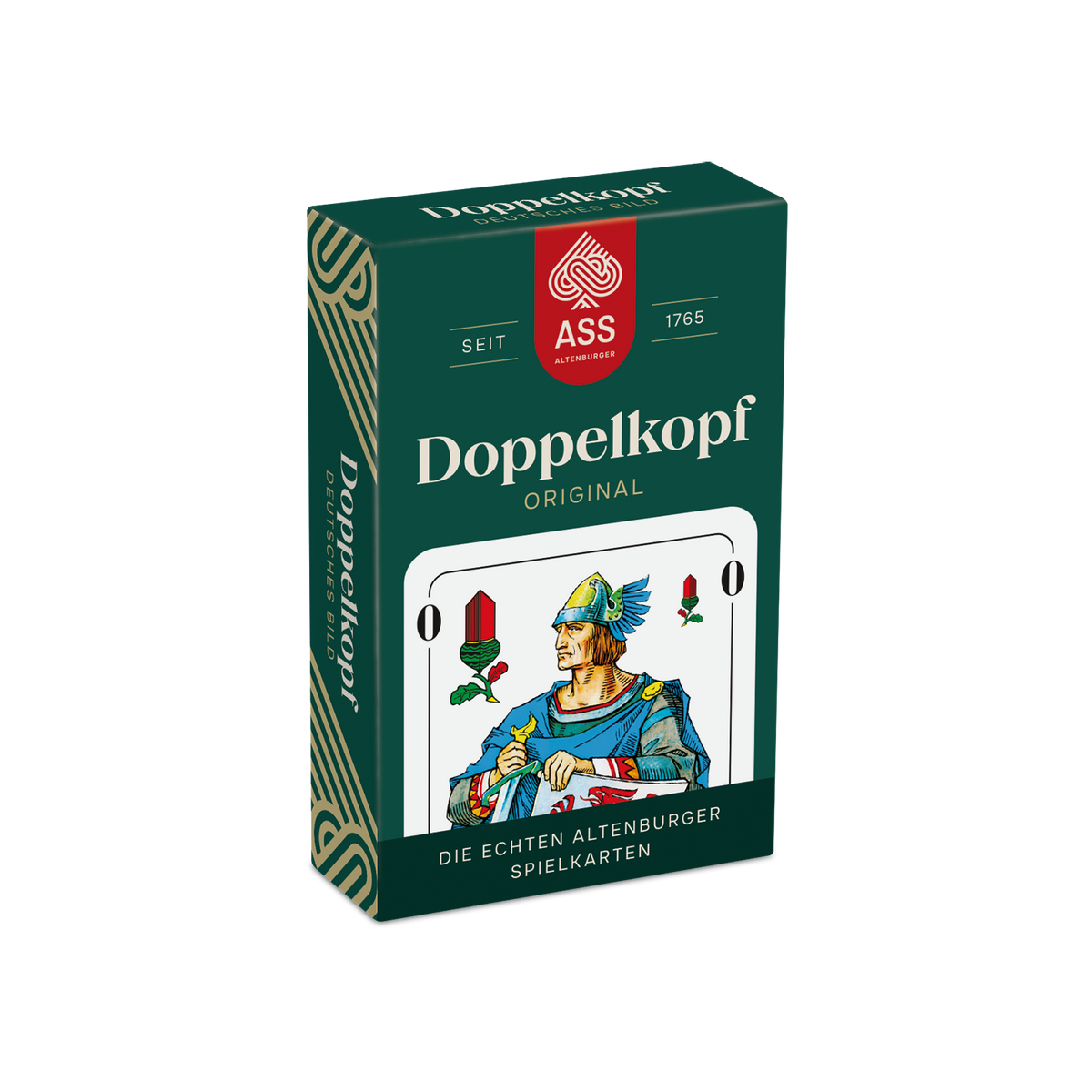 Vorderseite der Faltschachtel der Spielkarten Doppelkopf mit deutschem Bild von der Firma ASS Altenburger.