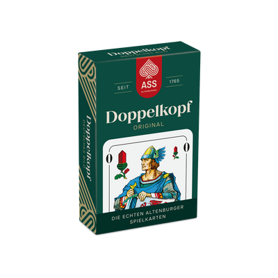 Vorderseite der Faltschachtel der Spielkarten Doppelkopf mit deutschem Bild von der Firma ASS Altenburger.