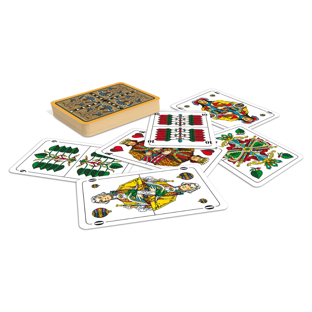 ASS Doppelkopf-Spielkarten mit französischem Bild lose und als Kartenstapel mit gemusterter Rückseite.