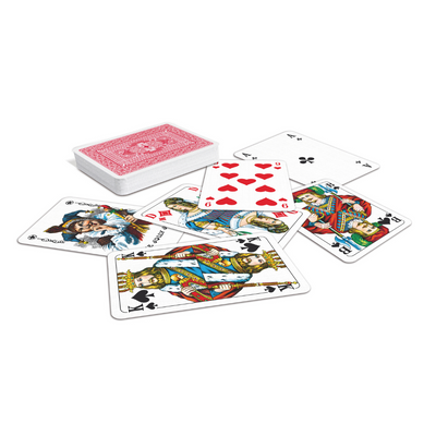 ASS Doppelkopf-Spielkarten in Leinenqualität mit französischem Bild lose und als Kartenstapel mit rot-weiß gemusterter Rückseite.