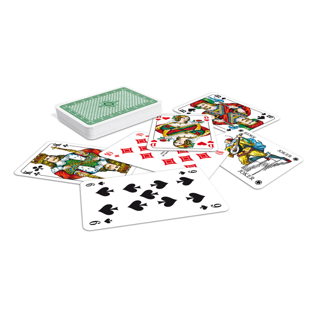 ASS Doppelkopf-Spielkarten mit französischem Bild lose und als Kartenstapel mit grün-weiß gemusterter Rückseite.