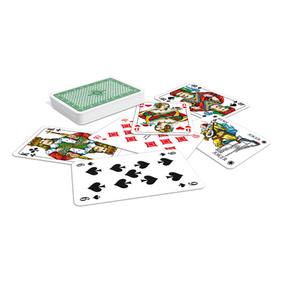 ASS Doppelkopf-Spielkarten mit französischem Bild lose und als Kartenstapel mit grün-weiß gemusterter Rückseite.