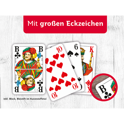 Detailansischt der ASS-Senioren-Rommé-Spielkarten mit großen Eckzeichen. 