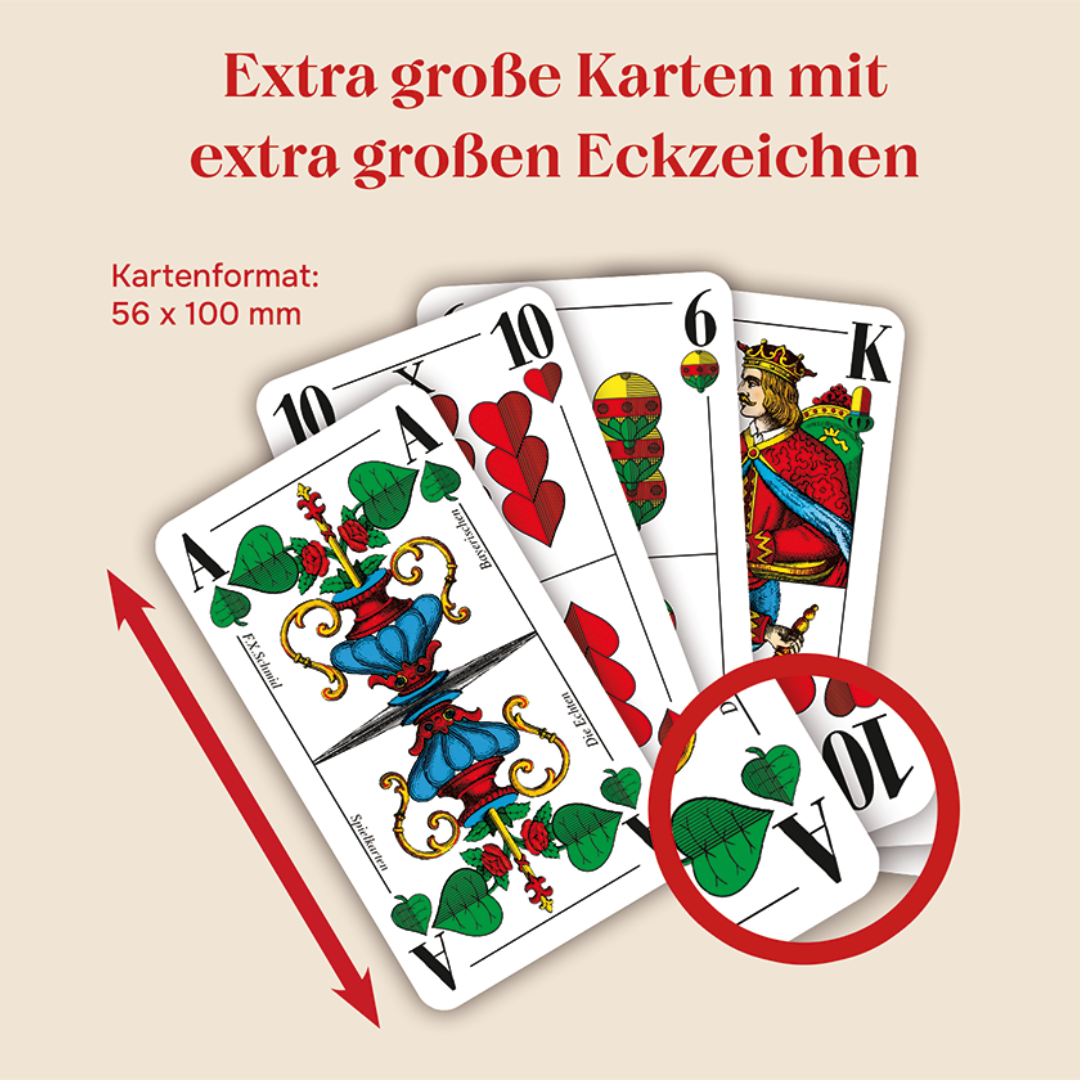 Detailansischt der ASS-Senioren-Spielkarten Schafkopf/Tarock mit großen Eckzeichen. 