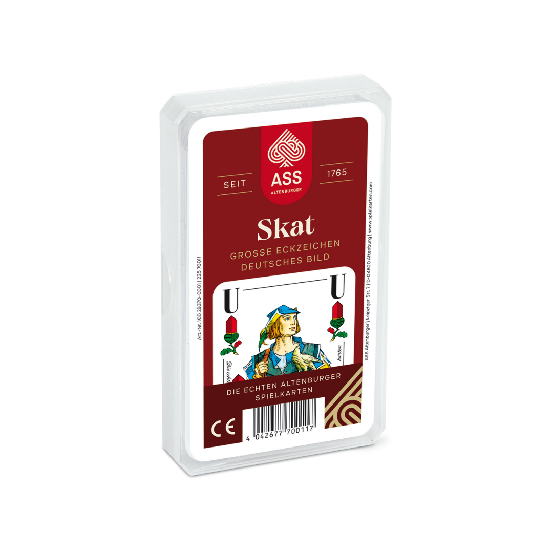 Vorderseite des Kunststoffetuis mit Spielkarten Senioren Skat Karten mit deutschem Bild von ASS Altenburg.