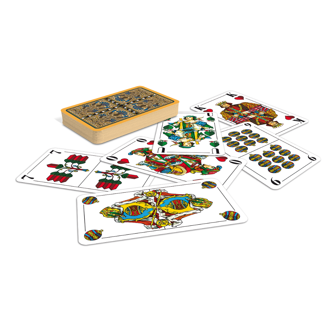Kartenstapel mit Rückseite nach oben sowie einige aufgedeckt Karten des Spiel Senioren Skat Karten von ASS .Altenburg.