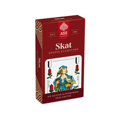 Schachtel der Senioren Skat-Spielkarten von ASS Altenburg mit großen Eckzeichen und deutschem Bild.