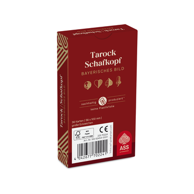 Rückseite der Faltschachtel der Senioren-Spielkarten Tarock/Schafkopf mit bayerischem Bild von der Firma ASS Altenburger.