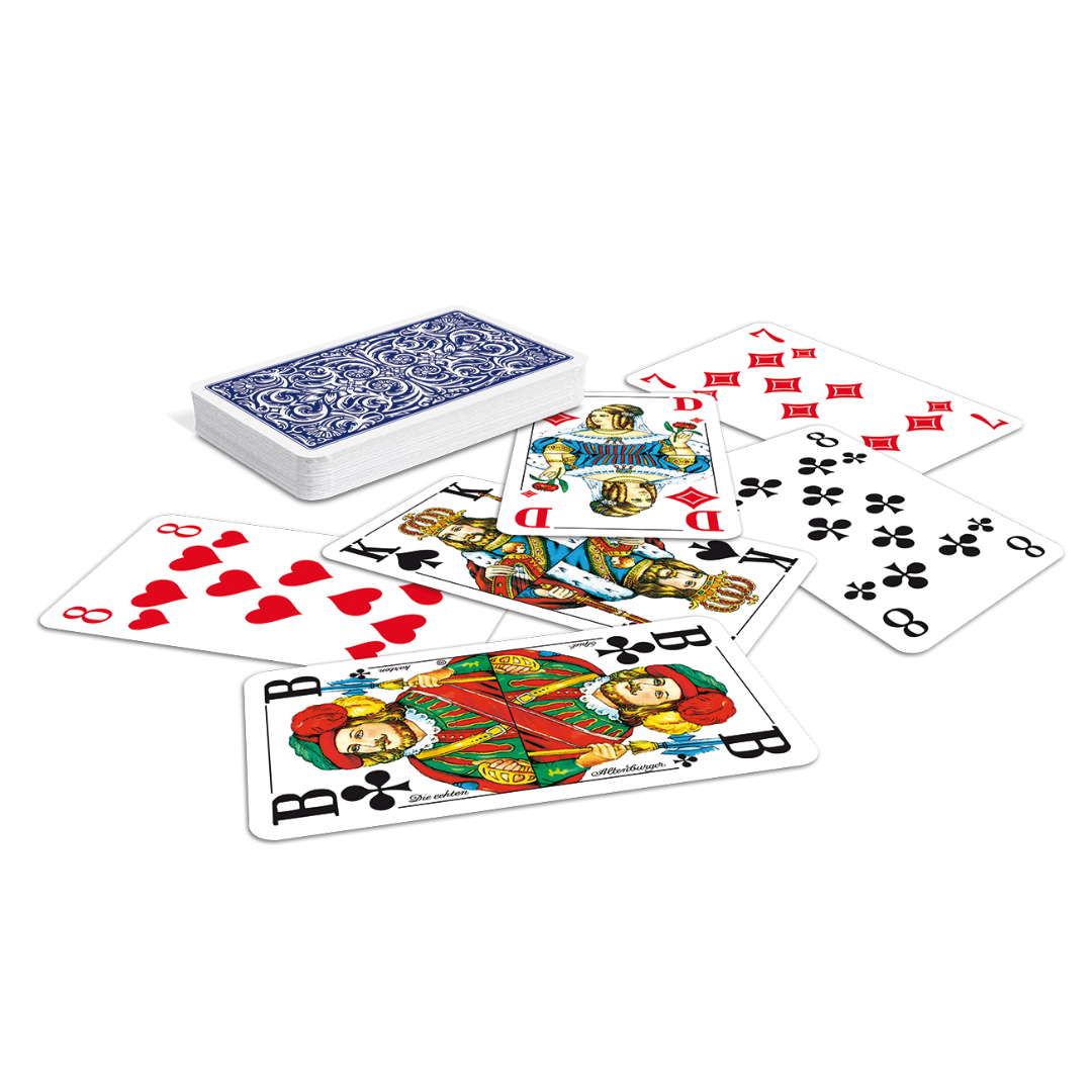 ASS Skat-Spielkarten für Senioren mit französischem Bild und extragroßen Eckzeichen lose und als Kartenstapel mit blau-gemusterter Rückseite.