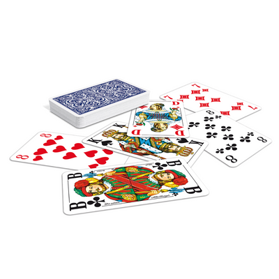 ASS Skat-Spielkarten für Senioren mit französischem Bild und extragroßen Eckzeichen lose und als Kartenstapel mit blau-gemusterter Rückseite.