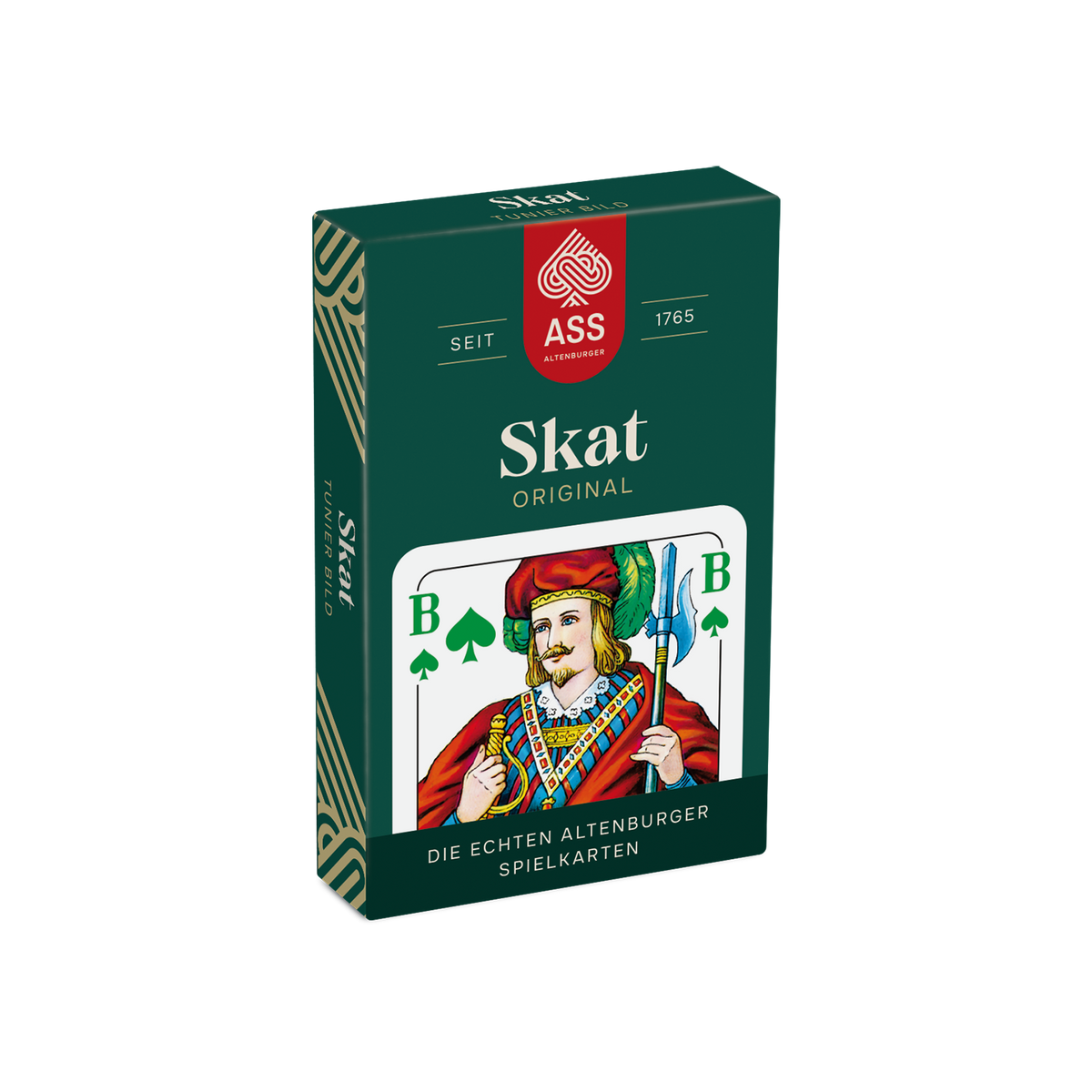 Vorderseite der Faltschachtel der Skat-Spielkarten Turnierbild von der Firma ASS Altenburger.