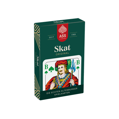 Vorderseite der Faltschachtel der Skat-Spielkarten Turnierbild von der Firma ASS Altenburger.