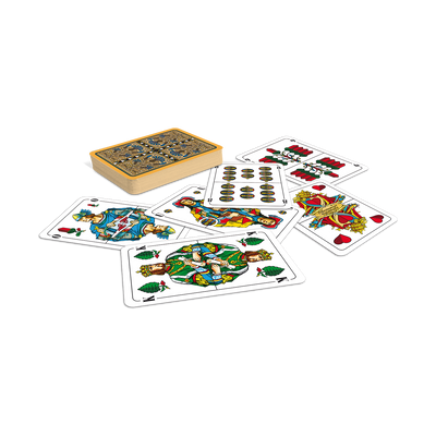 ASS Skat-Spielkarten mit deutschem  Bild Kornblume lose und als Kartenstapel mit der gemusterten Rückseite. 
