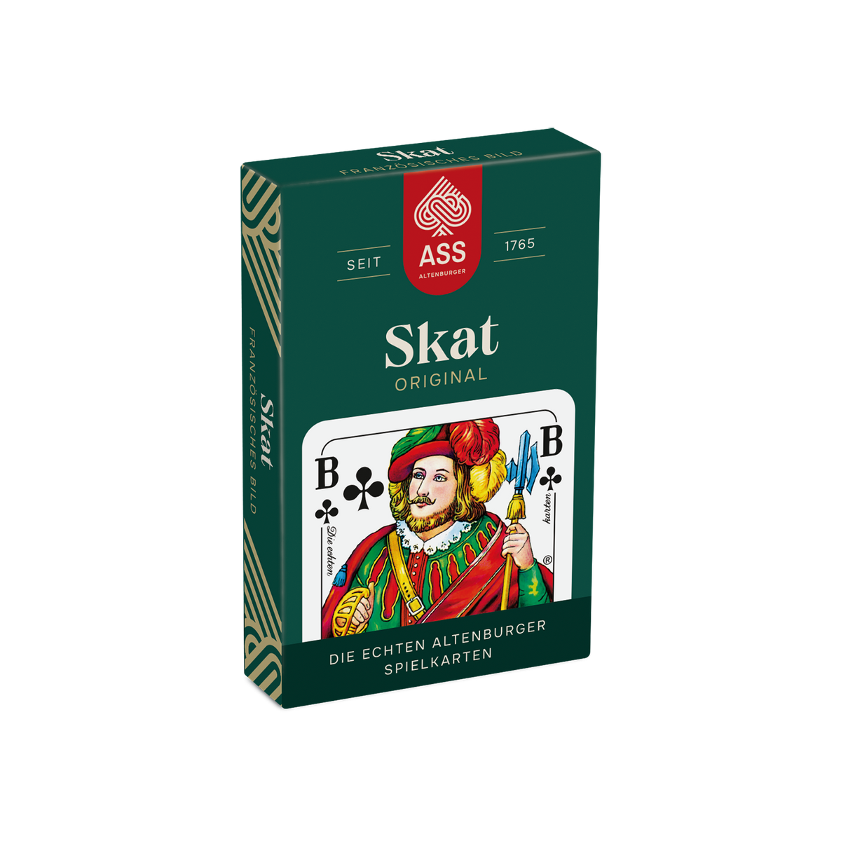 Vorderseite der Faltschachtel der Skat-Spielkarten mit französischem Bild von der Firma ASS Altenburger.