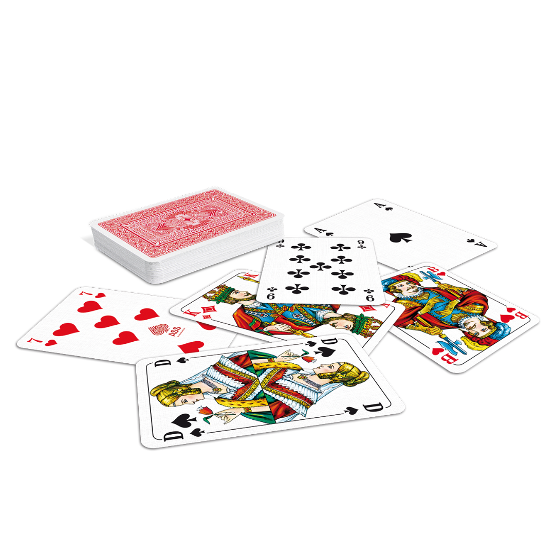 ASS Skatf-Spielkarten mit französischem Bild und Leinenstruktur lose und als Kartenstapel mit rot-weiß gemusterter Rückseite.