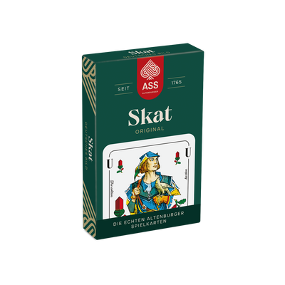 Vorderseite der Faltschachtel der Skat-Spielkarten mit deutschem Bild von der Firma ASS Altenburger.