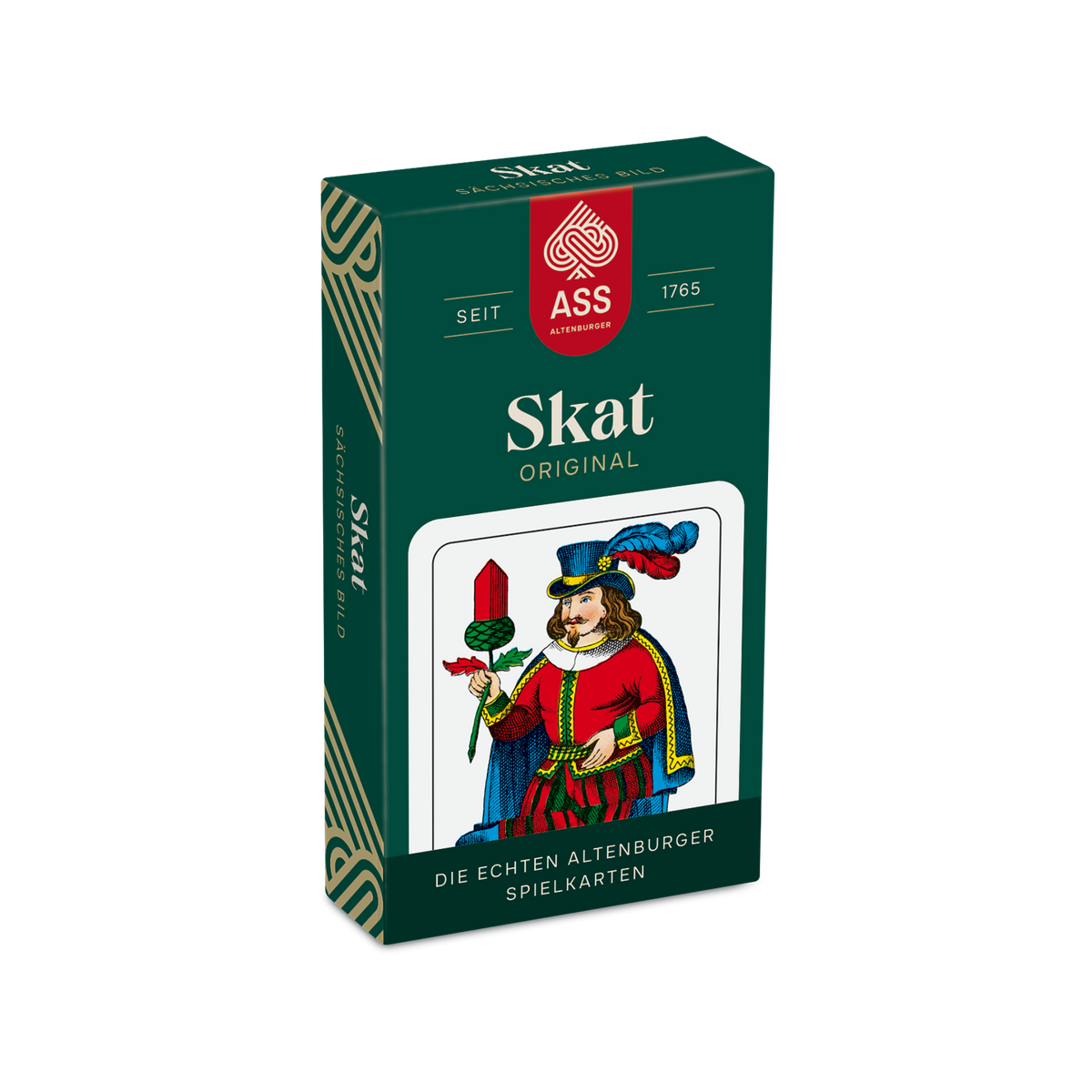 Vorderseite der Faltschachtel der Skat-Spielkarten mit sächsischen Bild von der Firma ASS Altenburger.