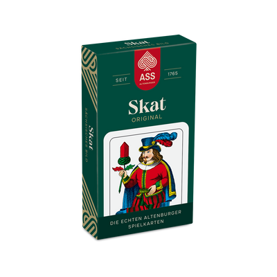 Vorderseite der Faltschachtel der Skat-Spielkarten mit sächsischen Bild von der Firma ASS Altenburger.