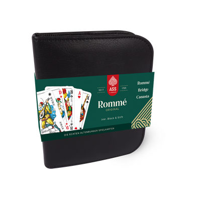 Schwarzes Spielkarten-Etui aus Kunstleder mit Papp-Banderole für ASS Spielkarten Rommé