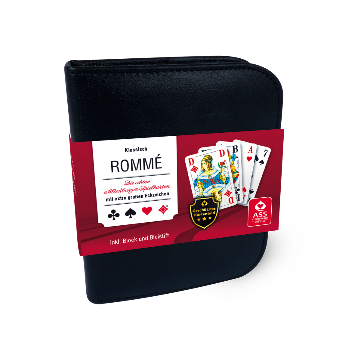 Schwarzes Spielkarten-Etui aus Kunstleder mit Papp-Banderole für ASS Spielkarten Senioren-Rommé

