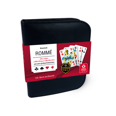 Schwarzes Spielkarten-Etui aus Kunstleder mit Papp-Banderole für ASS Spielkarten Senioren-Rommé


