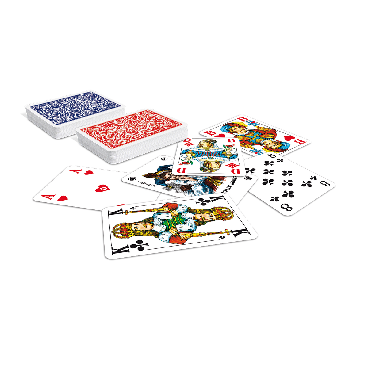 Inhalt des Kunstleder-Etuis: ASS Senioren-Rommé-Spielkarten lose und als Kartenstapel mit blauer und roter Rückseite