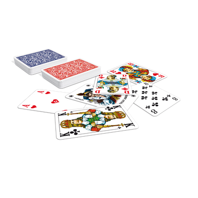 Inhalt des Kunstleder-Etuis: ASS Senioren-Rommé-Spielkarten lose und als Kartenstapel mit blauer und roter Rückseite