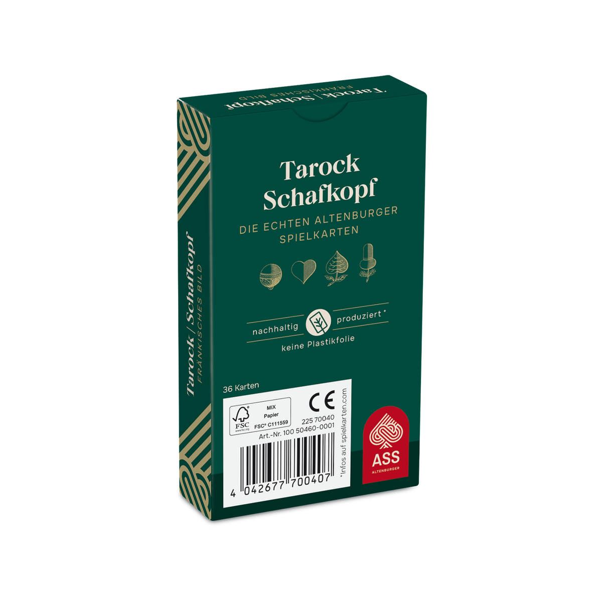 Rückseite der Faltschachtel der Spielkarten Tarock/Schafkopf mit fränkischem Bild von der Firma ASS Altenburger.