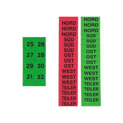 Aufkleber mit Nummern und Himmelsrichtungen und Teiler in Rot (Gefahr) und Grün - Nummer 25-32.
