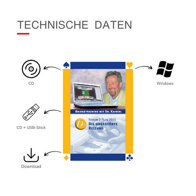 Technische Daten für das Bridge-Programm Forum D Plus 2015 - Die ungestoerte Reizung von Dr. Kaiser. 
Mögliche Medien: CD, CD mit USB-Stick oder Download. 
System: Windows
