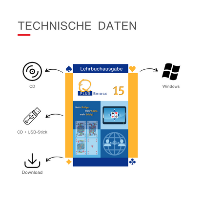 Technische Daten für das Bridge-Programm Q-plus Bridge 15 Lehrbuchausgabe. Mögliche Medien: CD, CD mit USB-Stick oder Download.
Systeme: Windows