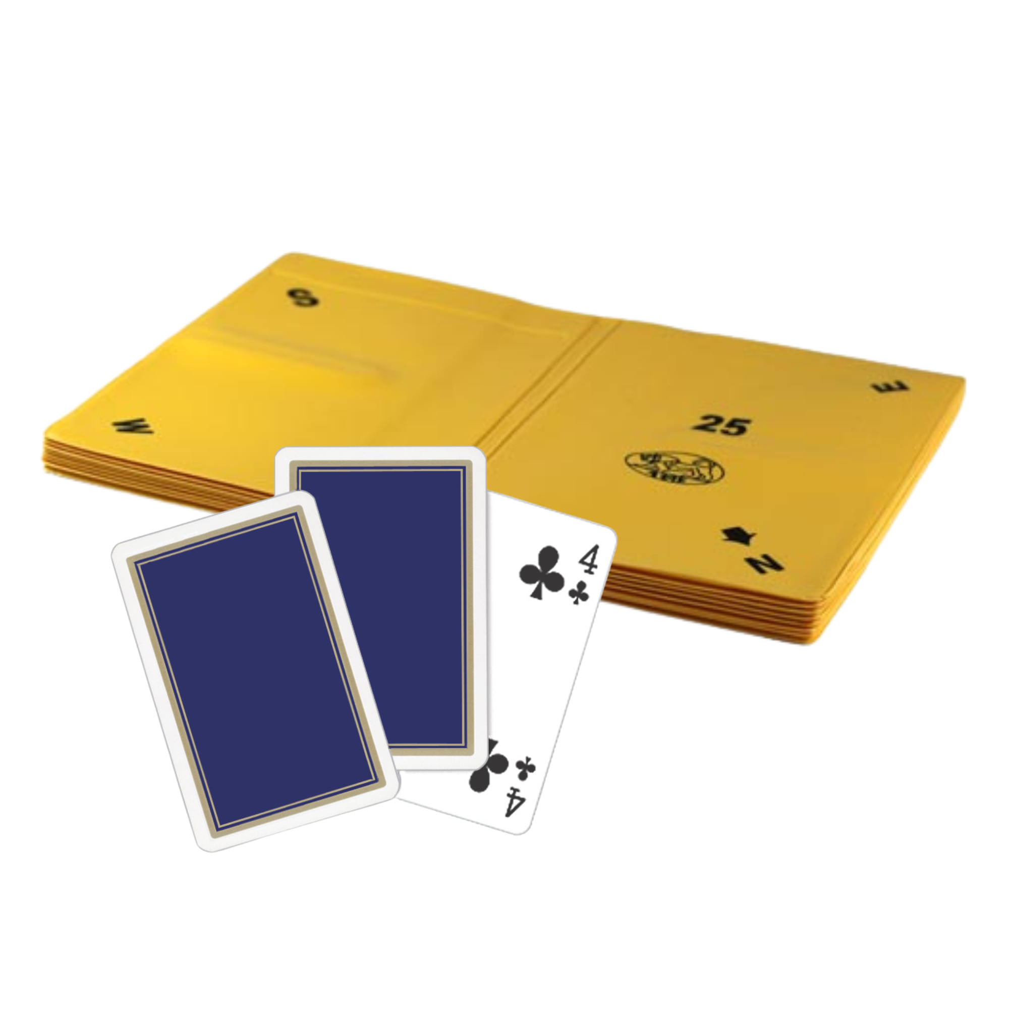 Weiche Bridge Boards, auch Wallets genannt - 8er-Set in Gelb mit blauen Spielkarten auf weißem Hintergrund.