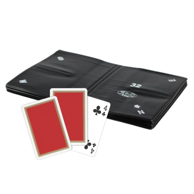 Weiche Bridge Boards, auch Wallets genannt - 8er-Set in Schwarz mit roten Spielkarten auf weißem Hintergrund. 
