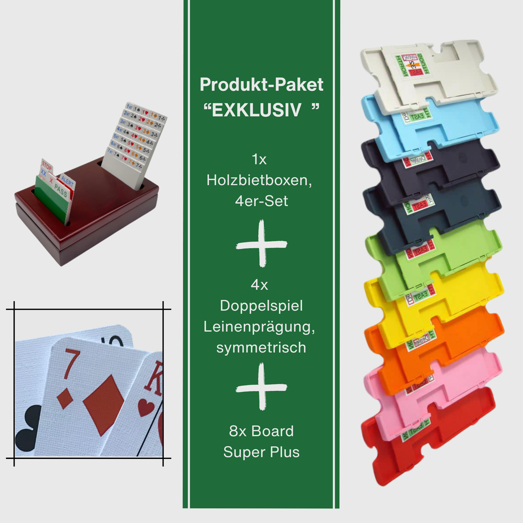 Darstellung des Sparparkets EXKLUSIV; abgebildet ist exemplarisch eine aufgestellte Bridge Holzbietbox, eine Ausschnitt von Spielkarten mit Leinenprägung und einer Reihe Bridge Boards Super Plus in allen erhältlichen Farben. In der Mitte ist der Inhalt des Bndles notiert: 1x Holzbietboxen, 4er-Set + 4x Doppelspiel Leinenprägung, symmetrisch + 8x Board Super Plus. 