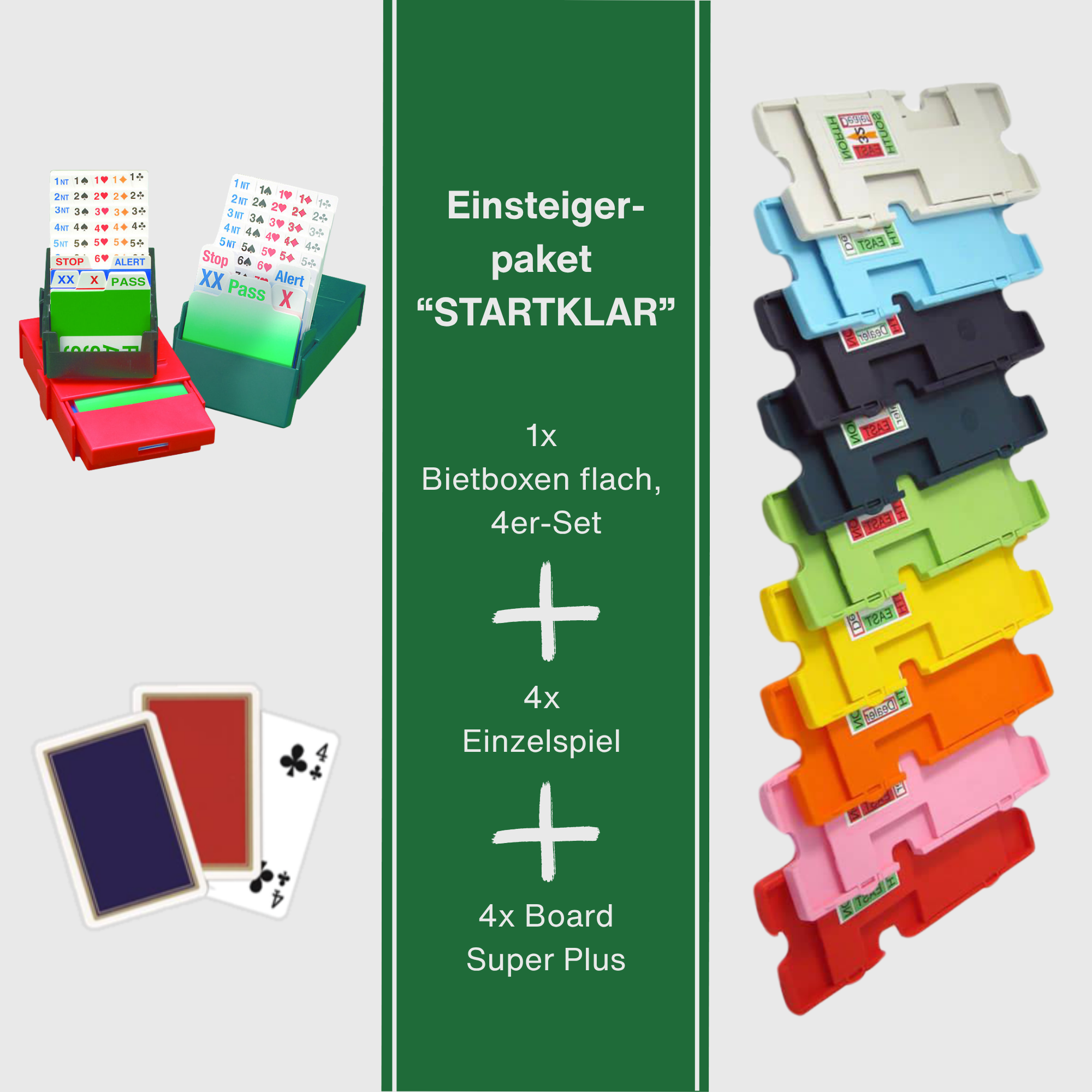Darstellung des Bridge Einsteigerpakets  STARTKLAR KLASSIK PLUS; abgebildet sind exemplarisch  aufgestellte Bridge Bietboxen flach in schwarz, rot und grün, Spielkarten mit  rotem bzw. blauen Rücken und einer Reihe Bridge Boards Super Plus in allen erhältlichen Farben. In der Mitte ist der Inhalt des Bndles notiert: 1x Bietboxen Klassik, 4er-Set + 4x  Einzelspiel Spielkarten + 4x Board Super Plus. 
