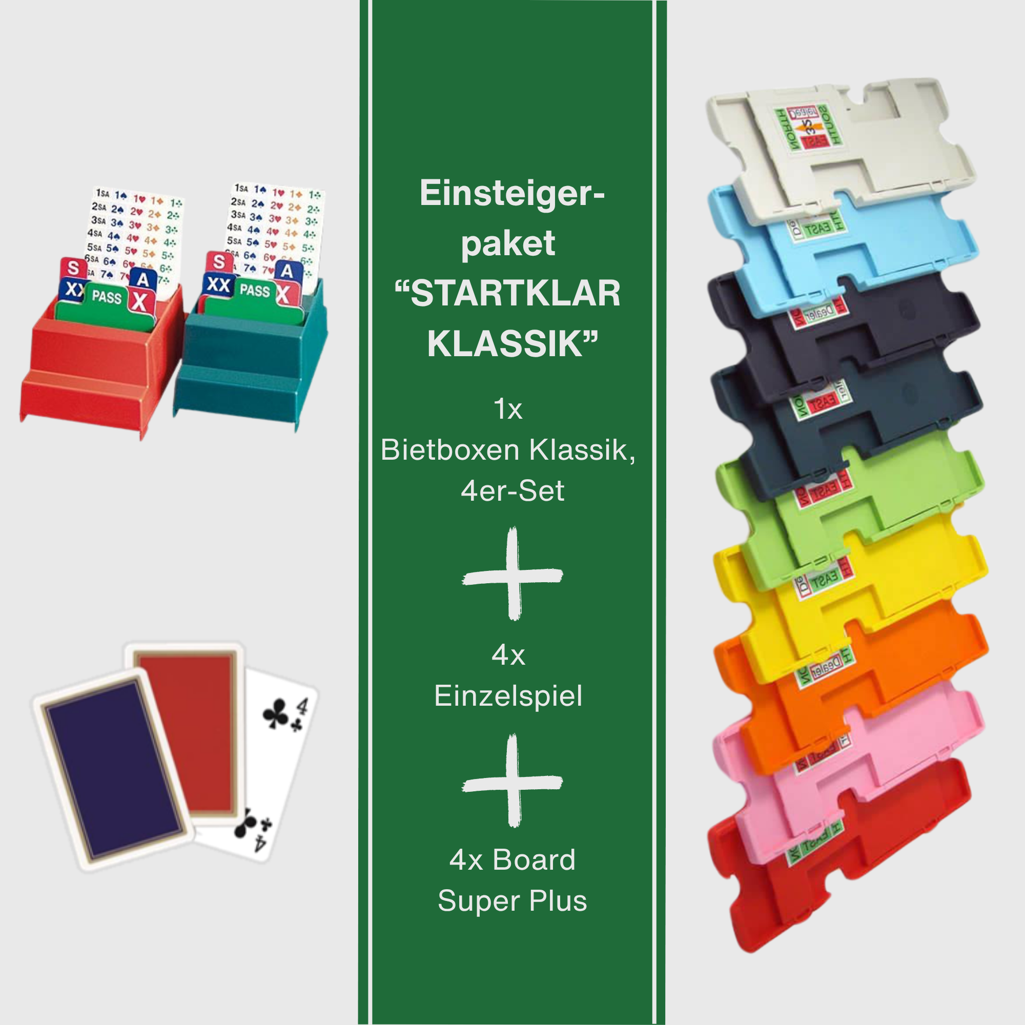 Darstellung des Bridge Einsteigerpakets  STARTKLAR KLASSIK PLUS; abgebildet sind exemplarisch wzei aufgestellte Bridge Bietboxen Klassik in rot und grün, Spielkarten mit  rotem bzw. blauen Rücken und einer Reihe Bridge Boards Super Plus in allen erhältlichen Farben. In der Mitte ist der Inhalt des Bndles notiert: 1x Bietboxen Klassik, 4er-Set + 4x  Einzelspiel Spielkarten + 4x Board Super Plus. 

