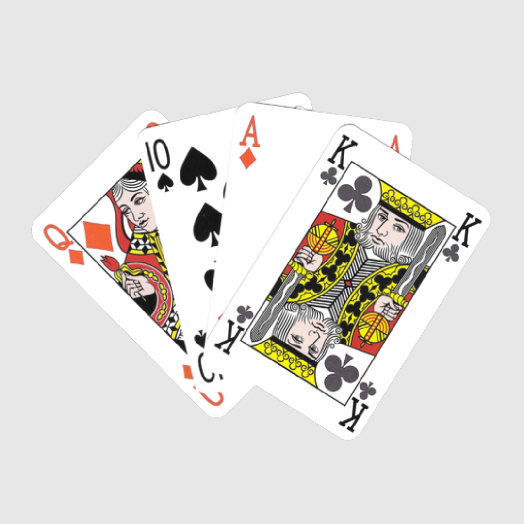 Kartenfächer mit Karo Dame, Pik 10, Karo Ass und Treff Koenig - Kartenfarben zur Lesefreundlichkeit differenziert (Karo - orange, Coeur - rot, Pik - schwarz, Treff - dunkelgrau).