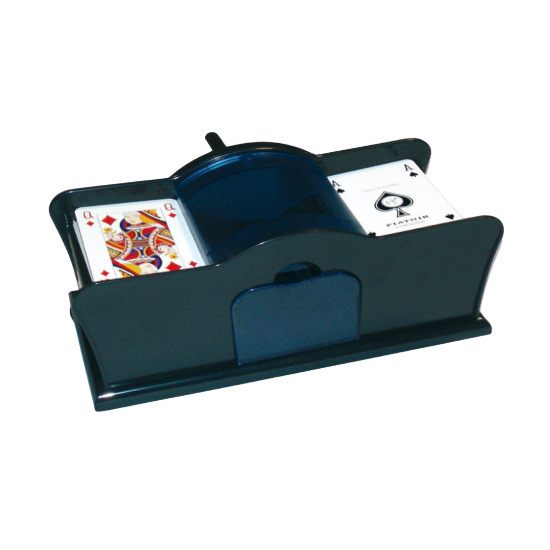 Kartenmischmaschine manuell, befüllt mit Spielkarten in den beiden Einlagefächern.
