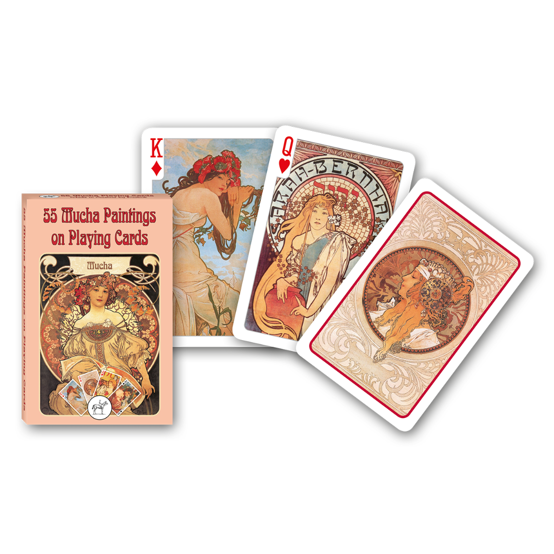 Themenkarten aus der Serie Collectors Cards von Piatnik zum Thema Mucha: Abgebildet sind die Schachtelvorderseite, zwei individuell gestaltete Karten mit Motiven von Mucha sowie die Kartenrückseite.
