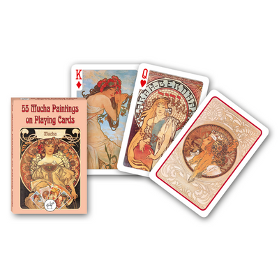 Themenkarten aus der Serie Collectors Cards von Piatnik zum Thema Mucha: Abgebildet sind die Schachtelvorderseite, zwei individuell gestaltete Karten mit Motiven von Mucha sowie die Kartenrückseite.
