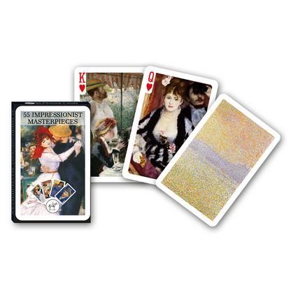 Themenkarten aus der Serie Collectors Cards von Piatnik zum Thema Impressionsit Masterpieces: Abgebildet sind die Schachtelvorderseite, zwei individuell gestaltete Karten mit impressionistischen Motiven sowie die Kartenrückseite.
