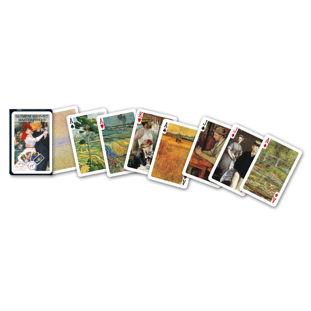 Themenkarten  aus der Serie Collectors Cards von Piatnik - Impressionist Masterpieces, Front der Schachtel und eine Auswahl  der individuell bedruckten Spielkarten.
