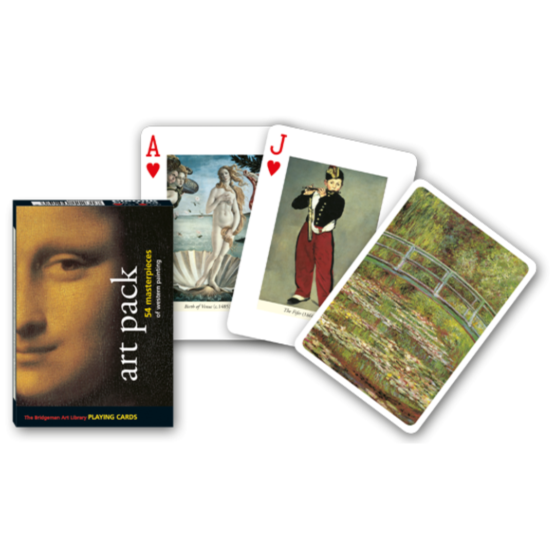 Themenkarten aus der Serie Collectors Cards von Piatnik zum Thema Kunstwerke: Abgebildet sind die Schachtelvorderseite, zwei individuell gestaltete Karten mit Motiven von Kunstwerken sowie die Kartenrückseite.
