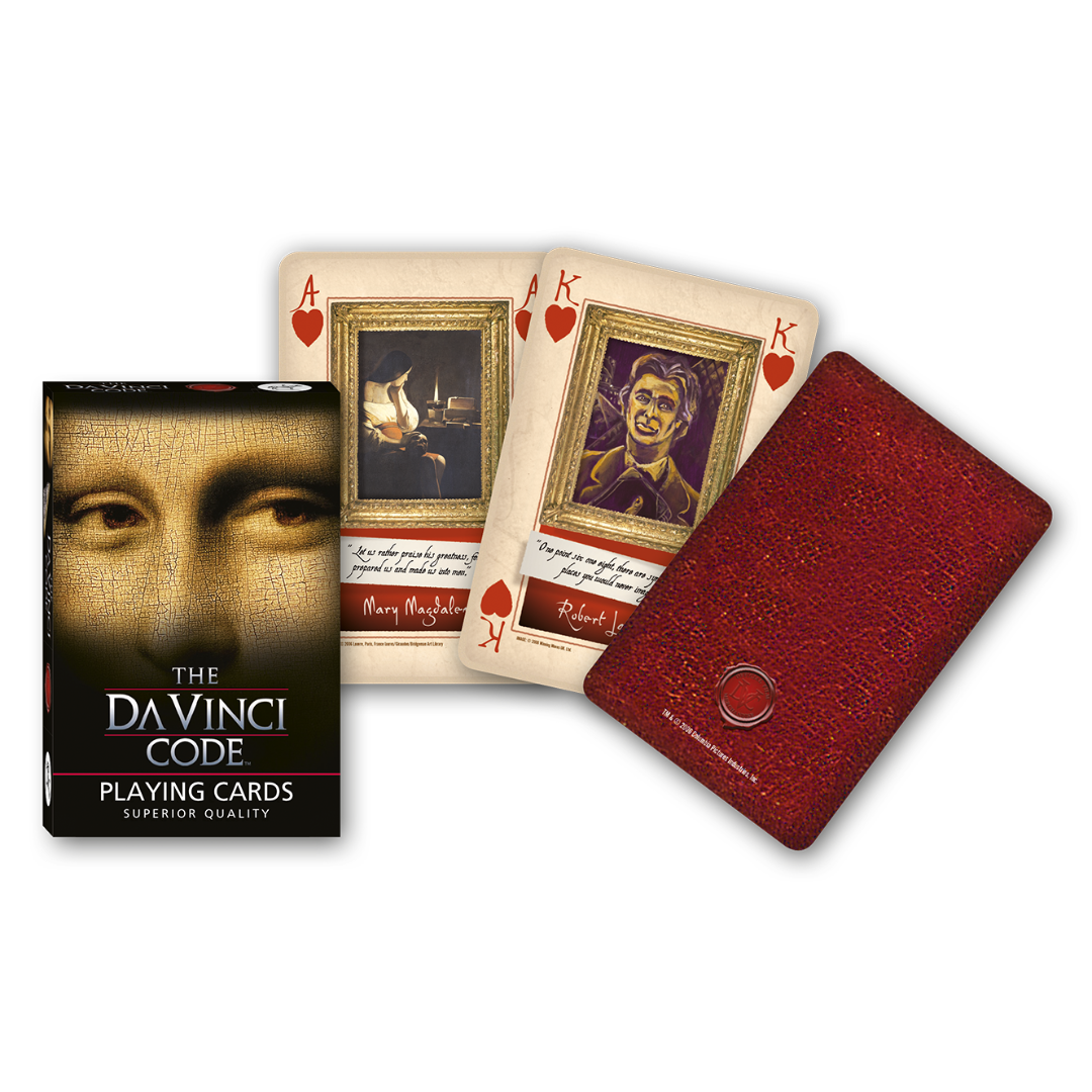 Themenkarten aus der Serie Collectors Cards von Piatnik zum Thema Da Vinci Code: Abgebildet sind die Schachtelvorderseite, zwei individuell gestaltete Karten mit Motiven zum Thema sowie die Kartenrückseite.
