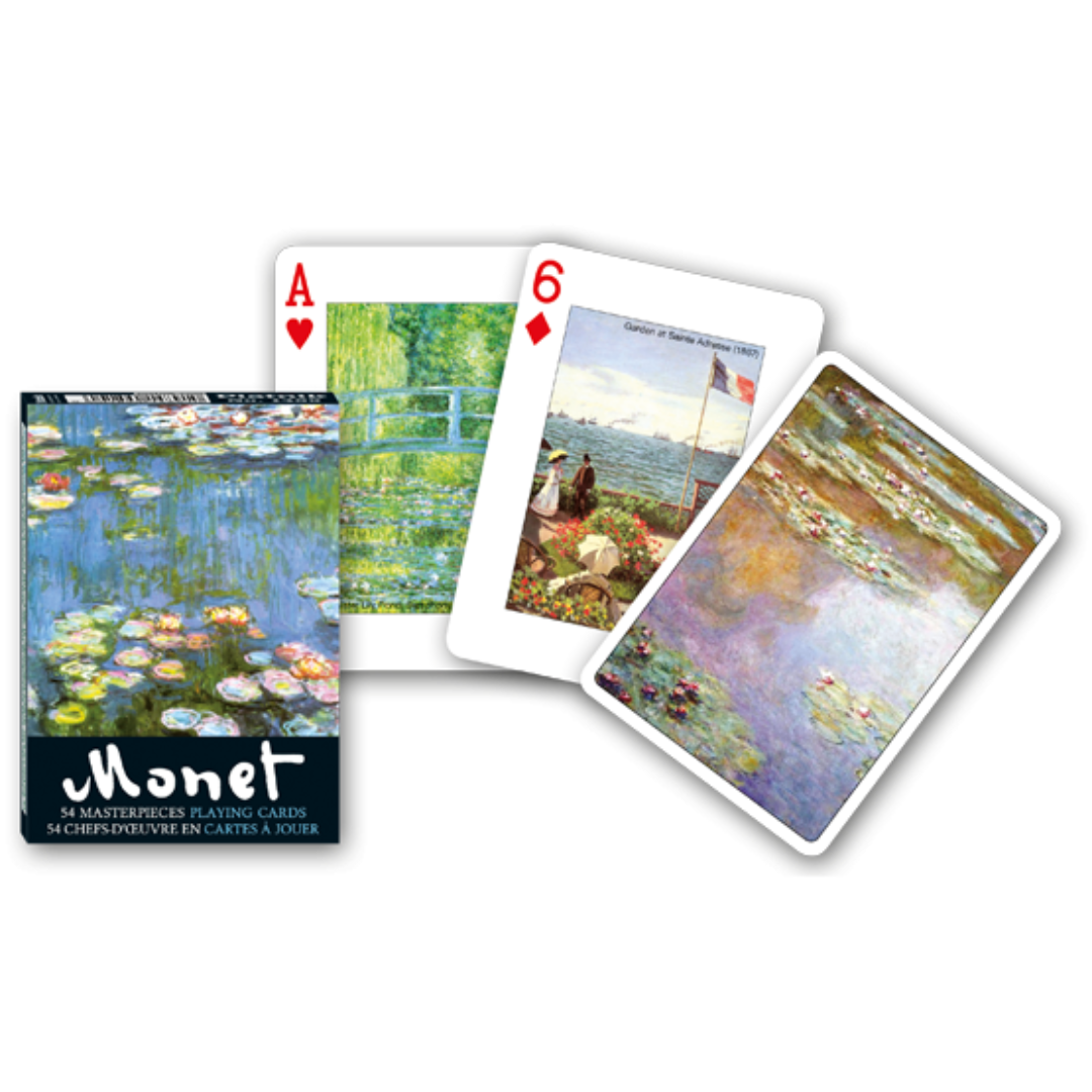Themenkarten aus der Serie Collectors Cards von Piatnik zum Thema Monet: Abgebildet sind die Schachtelvorderseite, zwei individuell gestaltete Karten mit Motiven von Monet sowie die Kartenrückseite.
