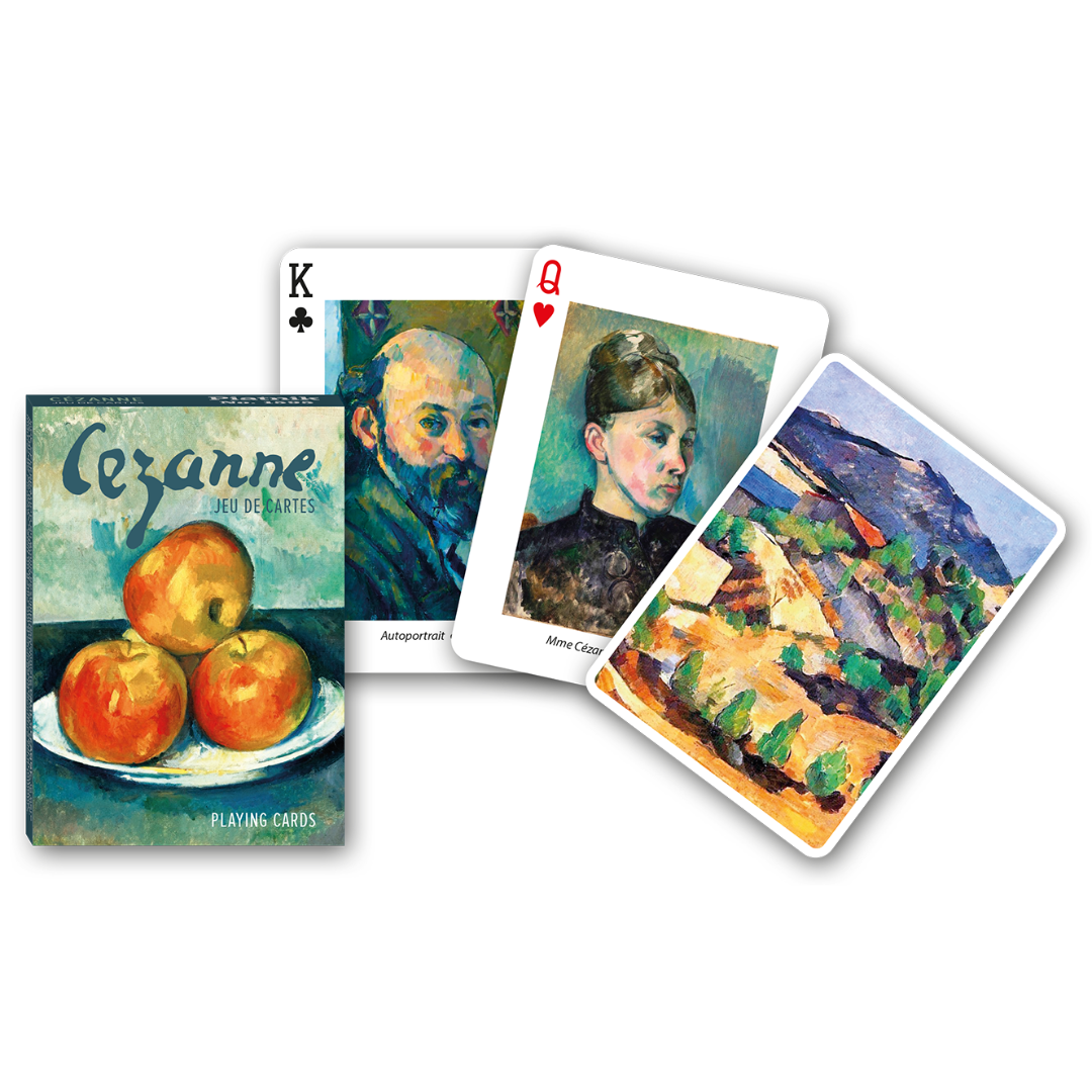 Themenkarten aus der Serie Collectors Cards von Piatnik zum Thema Cezanne: Abgebildet sind die Schachtelvorderseite, zwei individuell gestaltete Karten mit Motiven von Cezanne sowie die Kartenrückseite.
