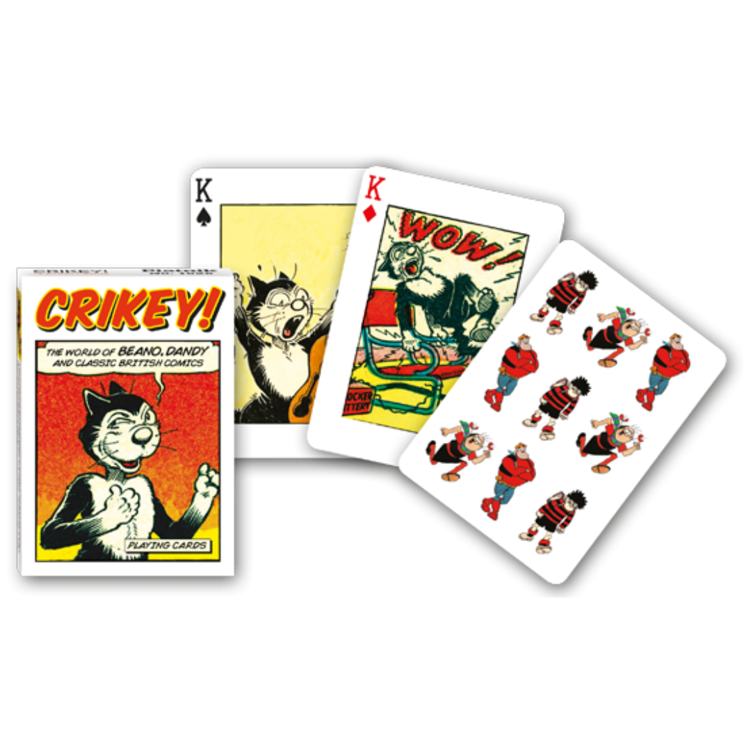 Themenkarten aus der Serie Collectors Cards von Piatnik zum Thema Crikey: Abgebildet sind die Schachtelvorderseite, zwei individuell gestaltete Karten mit passenden Motiven zum Thema sowie die Kartenrückseite.
